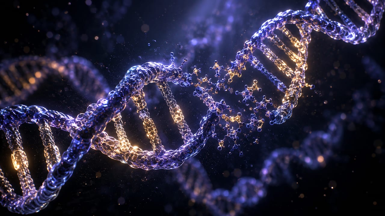 A luminous DNA double helix unwinding to copy itself, suspended in darkness.