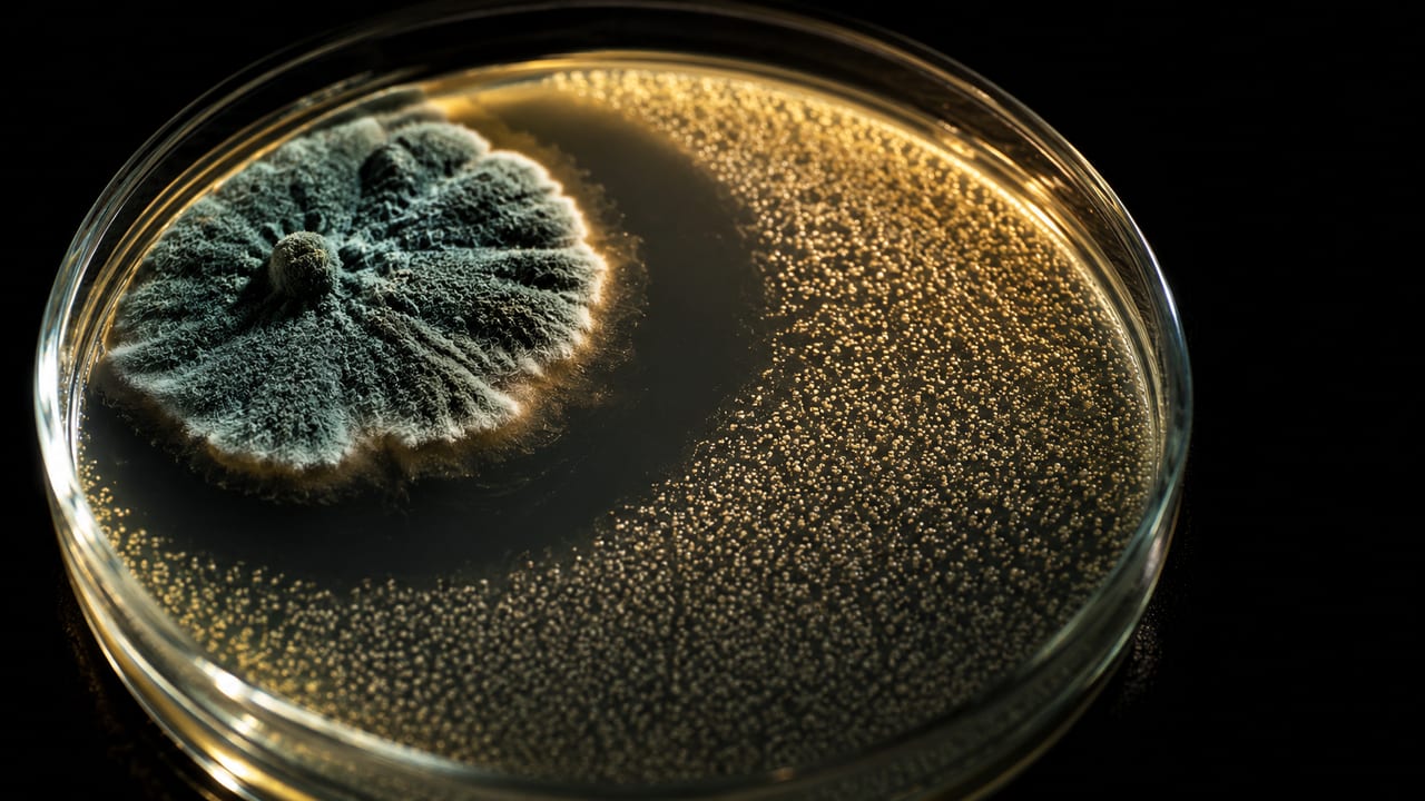 A petri dish with a Penicillium mould colony ringed by a clear zone where the bacteria have dissolved away.