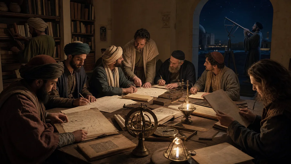 Scholars of several communities compare astronomical manuscripts and instruments in Abbasid-era Baghdad