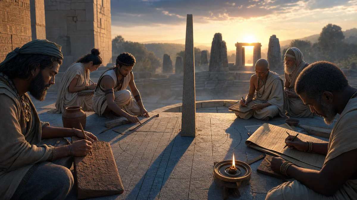 Ancient observers record the shadow of a gnomon beside a ritual lamp at sunrise