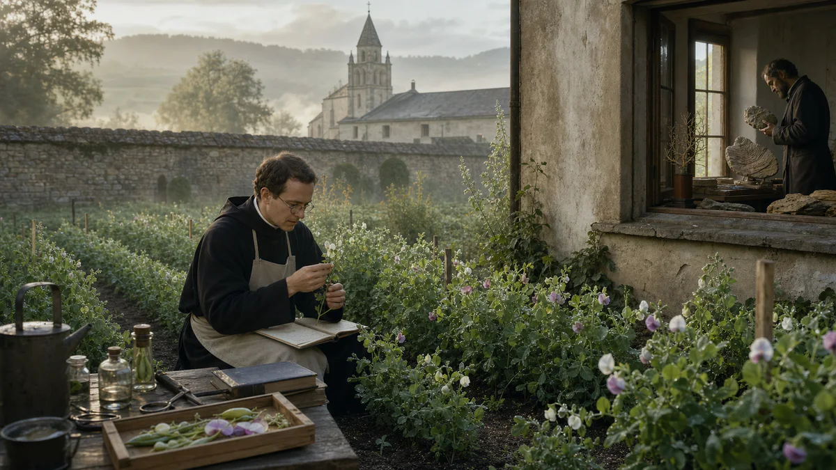 A monk records traits among rows of pea plants while a naturalist studies fossils nearby