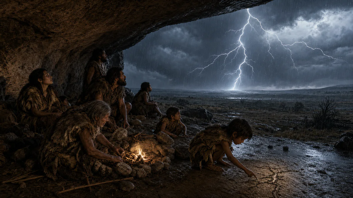 A prehistoric community watches lightning while a child traces its branching form in wet earth