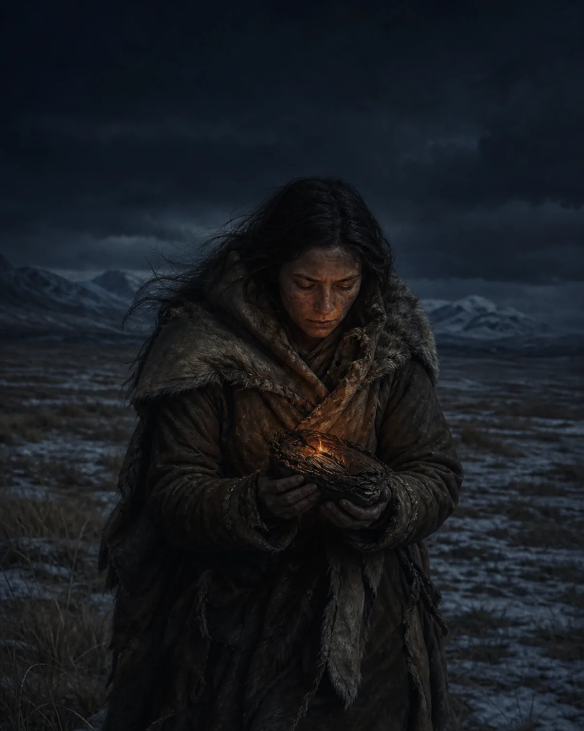 A Paleolithic woman shielding a living ember on a frozen steppe