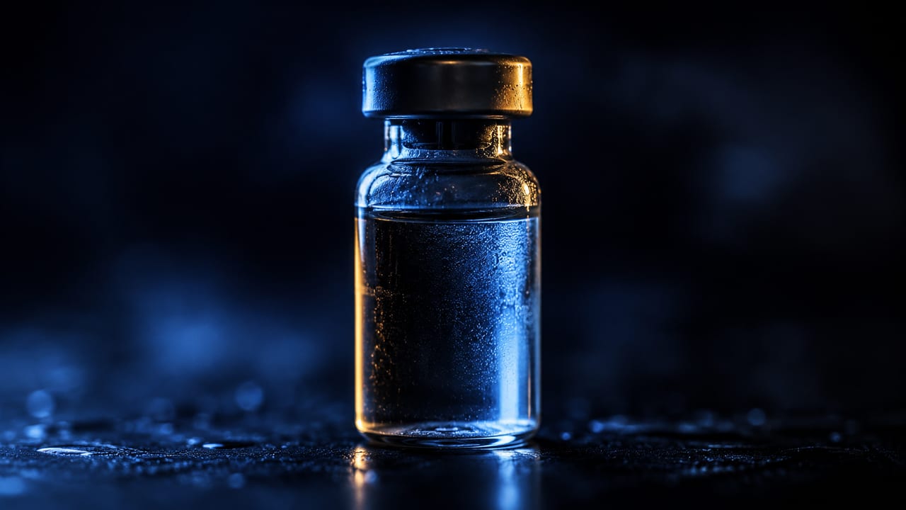 A single glass vaccine vial lit by cool blue light with a warm highlight, standing in darkness.